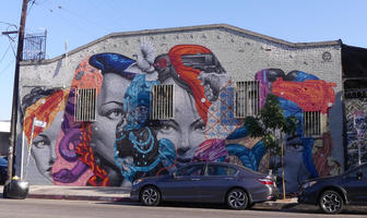 Faces of four women, conneced by abstract shapes