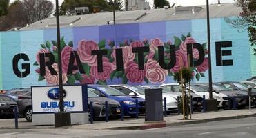 word GRATITUDE in stencil letters with pink roses in background.