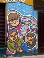 Art showing a family with small children and a baby