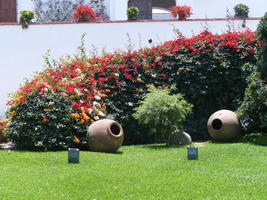 Red flowers, two large ceramic jars