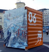 Cityscape painted on information center kiosk