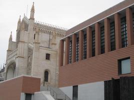 Church in background; modern building in foreground