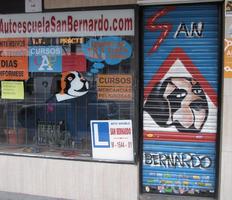 SIgn for driving school showing Saint Bernard dog inside a red-bordered triangle traffic sign