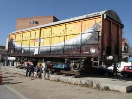 Railway car with bird painted on side