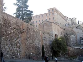 Wall and buildings above wall; upward angle