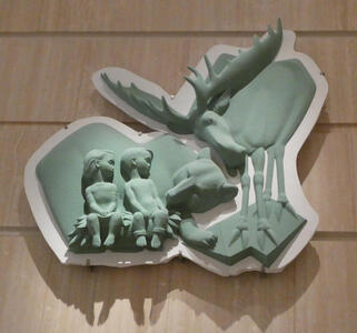 two children with moose and bear