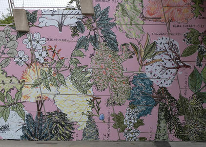 Painting of flowers and branches with leaves on pink-purple background