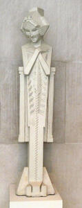 Sculpture of woman with arms crossed; semi-abstract