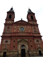 Front view, church with two clock towers