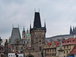 View of buildings with trapezoidal roofs from Chalres Bridge