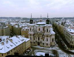 View from top of tower; church in foreground