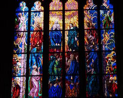 Detail of stained glass with religious figures
