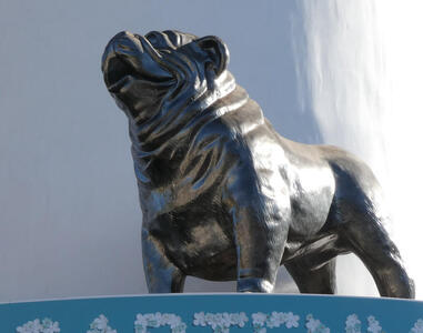 metal sculpture of bulldog atop a garden furniture store sign