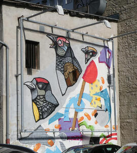 Wall art with heads of birds with various colours of plumage at upper left; at lower right, an abstract set of patterns