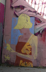 Pastel-coloured drawing of woman in sun dress and sun hat.