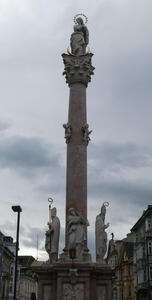 Pestsäule with Mary at top and religious figures at base.