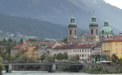 View of inner city from across a bridge.