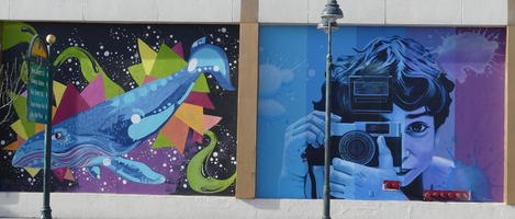 Blue whale; androgynous person holding a camera aimed at the person viewing painting.