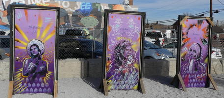 Three paintings of women in shades of purple