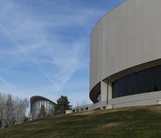 Modernist buildings at UNR; building with large glass panels in background