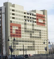 Side of building with multi-colored geometric rectangles