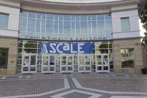 Exterior convention hall with signage