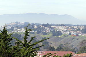 Houses on hillside; foliage in foreground