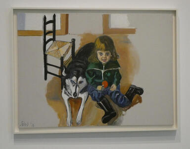 Little girl with husky dog lying on floor