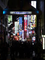 Profusion of neon signs down narrow street.