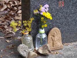 flowers at foot of stone