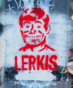 red stencil grinning man