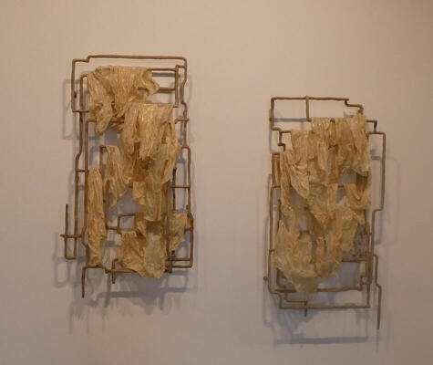 plastic bags draped over copper tubing framework