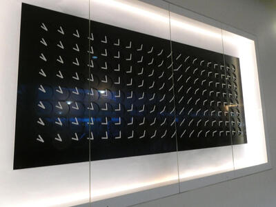 Animated Clock; many rotating  white indicators on black background