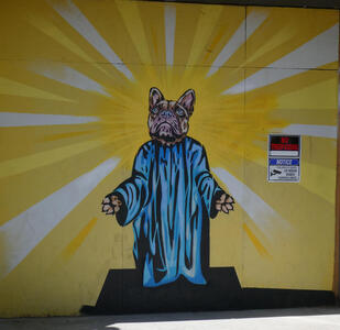 dog wearing robes in jesus pose