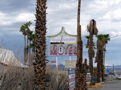 Faded hotel sign between dying palm trees.
