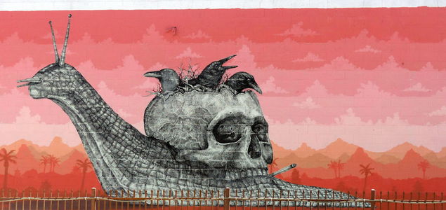Large wall painting: snail with skull smoking a cirgarette as its shell