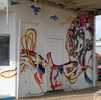 Face and airplanes painted on side of abandoned building