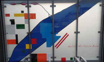 Bus stop at Nellis/Boulder Highway; motif is Nellis Air Force Base.