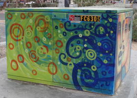 Circular pattern in orange and blue on green background