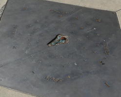 Metal plate with nose sculpted into it and words nose, knows, scents, and sense.