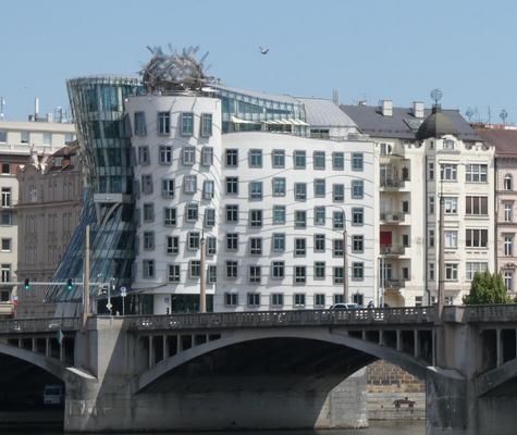  “Dancing House”, with strange angles to the walls and windows.